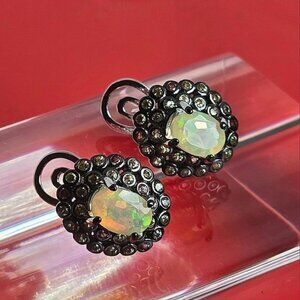 925 Sterling Silver Earrings with Natural White Opal 5x7mm & Sapphire Gemstone